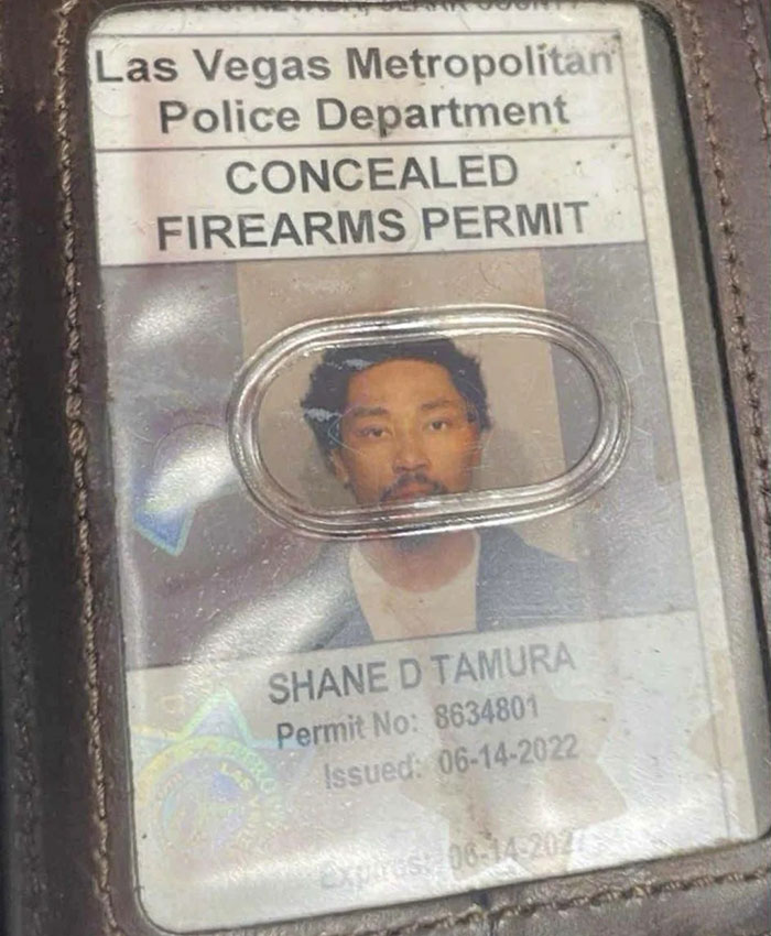 Close-up of a Las Vegas concealed firearms permit issued to Shane D. Tamura, showing photo and permit details.