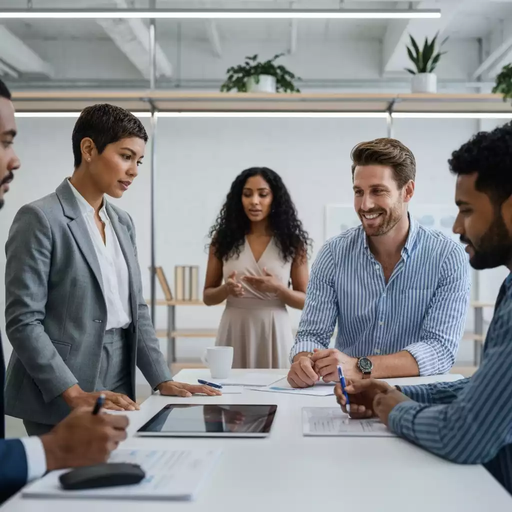 Business team in discussion around a table with documents and tablets, focusing on collaboration and planning strategies.
