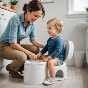 Mother assisting toddler with potty training in a bright, modern bathroom, fostering a supportive learning environment.