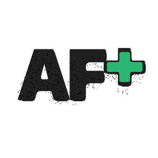AF+ logo featuring bold black letters with a green plus sign, on a white background.