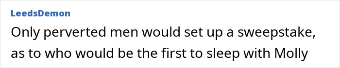 Screenshot of a comment discussing perverted men placing bets on who would sleep with a woman first.