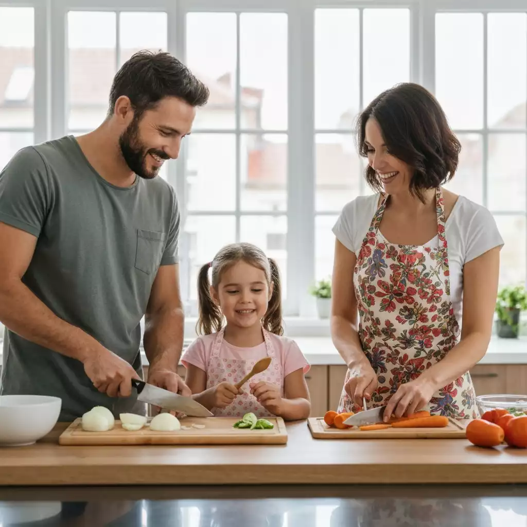 A family cooking together: man and woman chopping vegetables, smiling girl beside them helping in a bright kitchen.