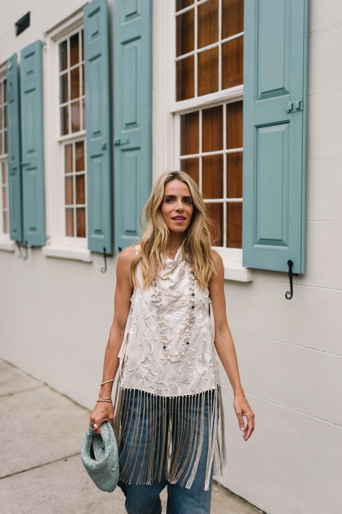 silk fringe vest top blue denim blue handbag