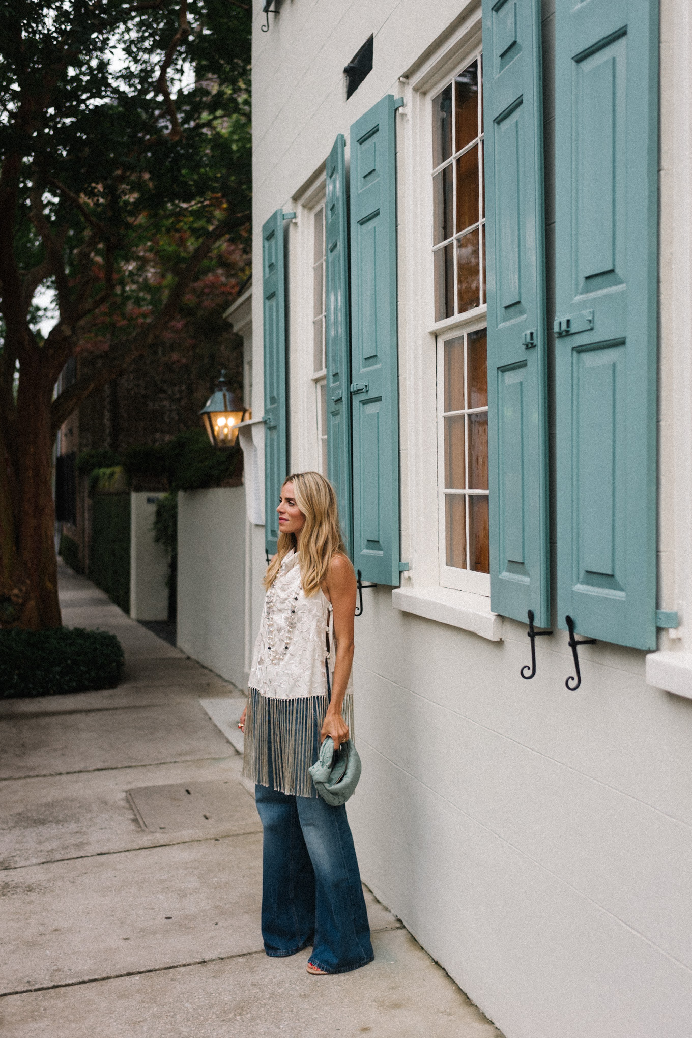 silk fringe vest top blue denim blue handbag