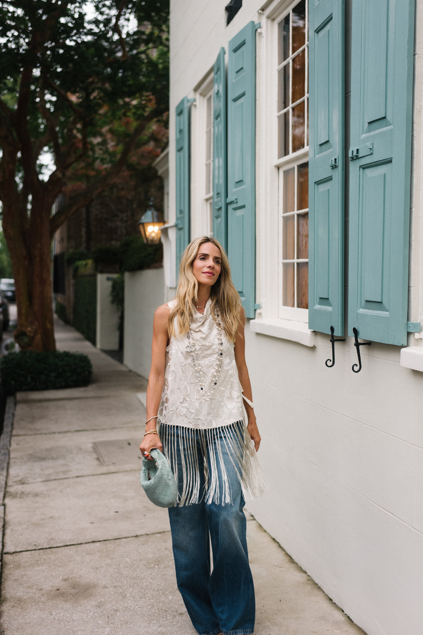 silk fringe vest top blue denim blue handbag
