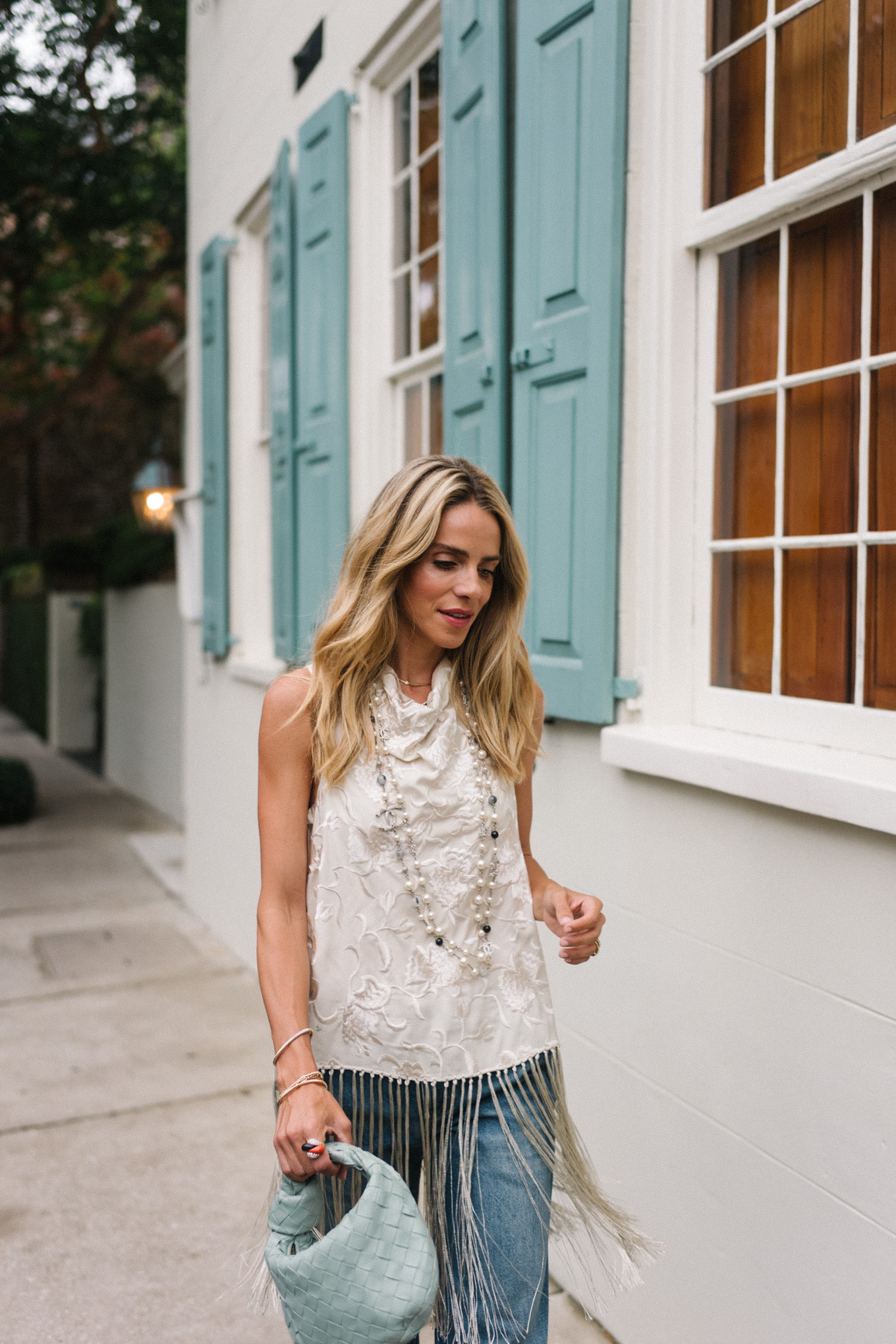 silk fringe vest top blue denim blue handbag