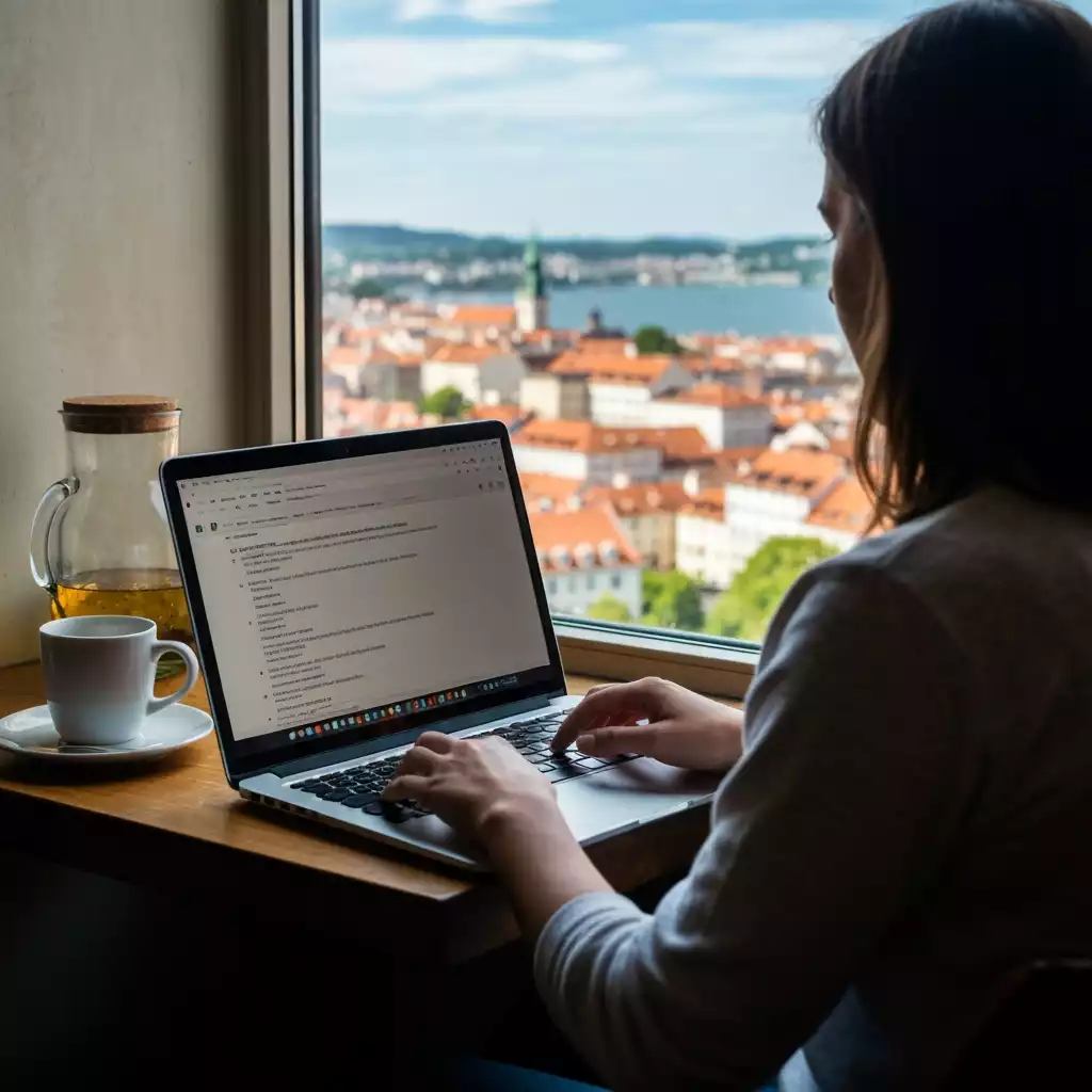 Person typing on a laptop by a window overlooking a scenic city view, with tea and documents on the table.