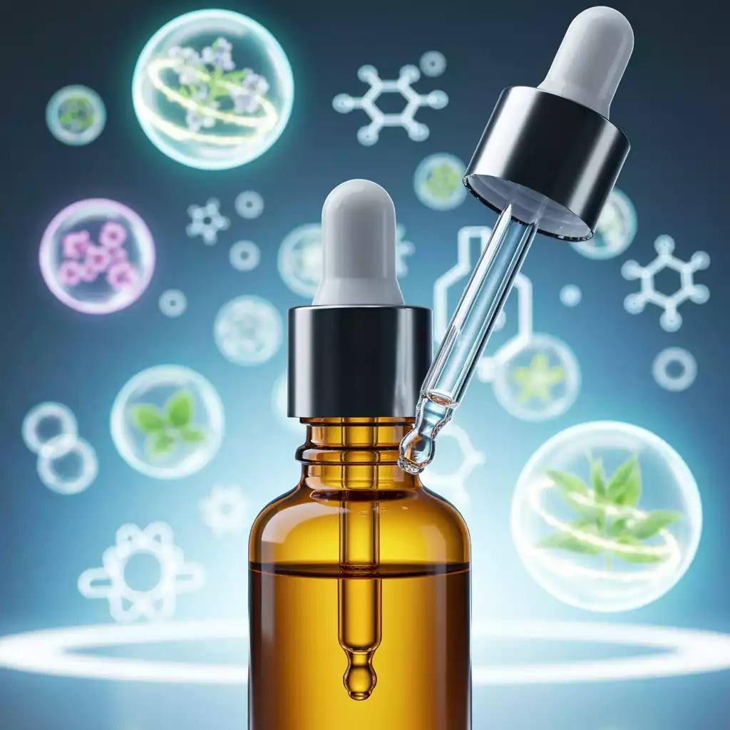 Dropper placing liquid into amber bottle with scientific symbols and plant molecules in the background.