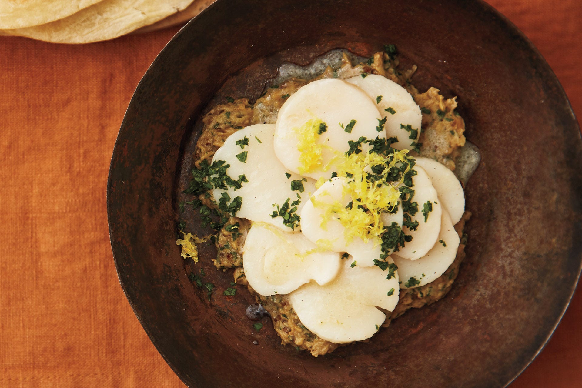 Poached Scallops with Eggplant Purée