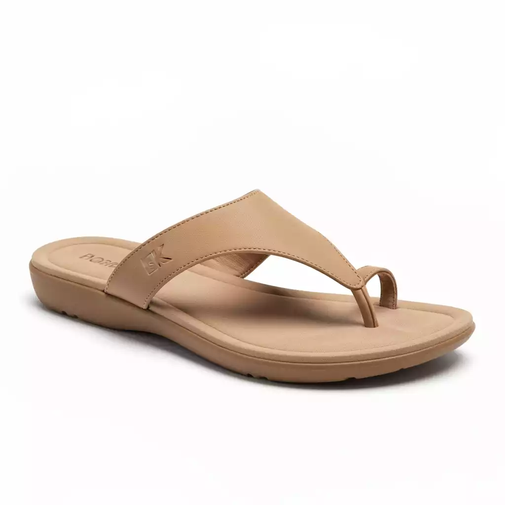 Beige flip-flop sandal with padded footbed and rubber sole, designed for comfort and casual wear.