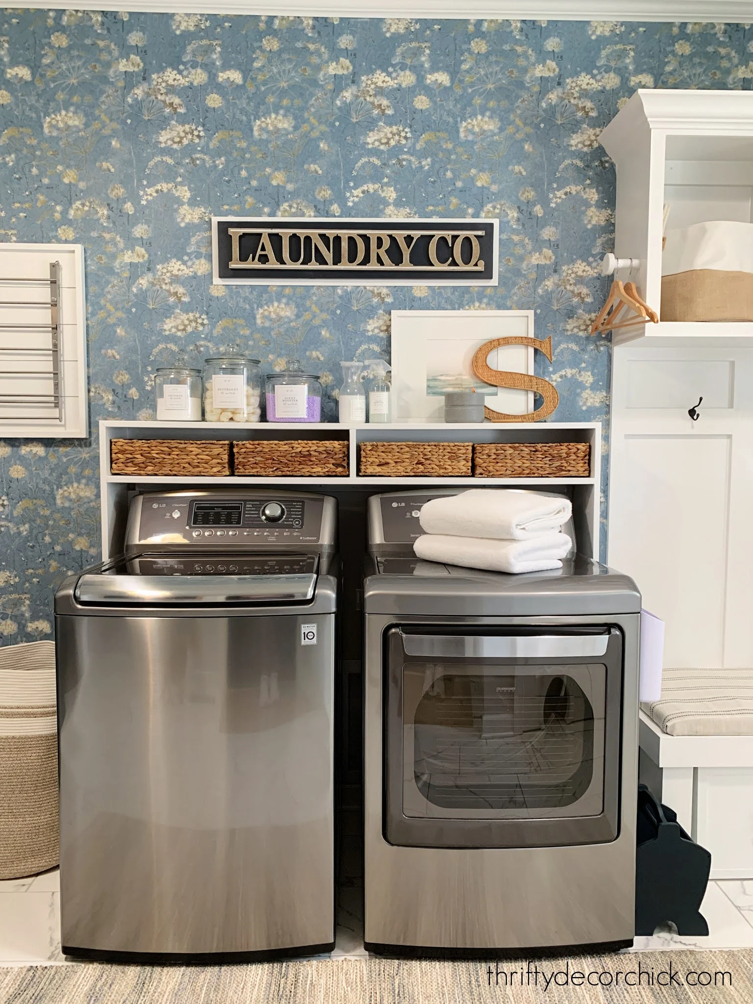 washer and dryer with tall shelf