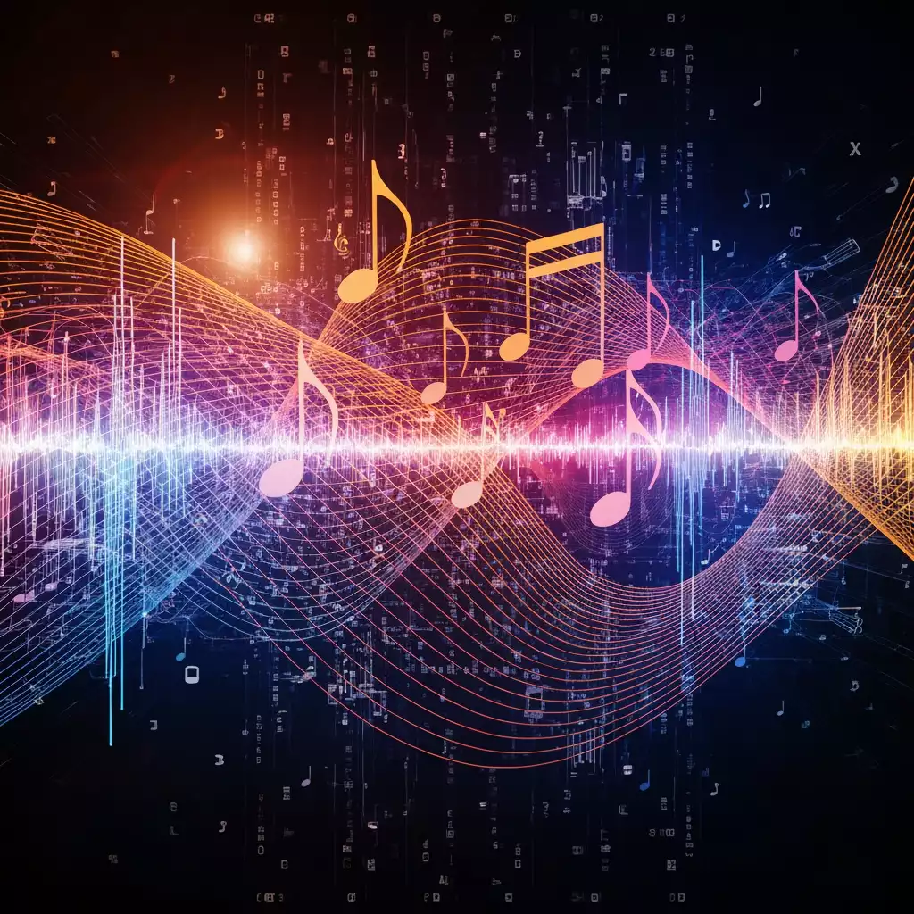 Abstract digital music visualization with colorful sound waves and musical notes on a dark background.