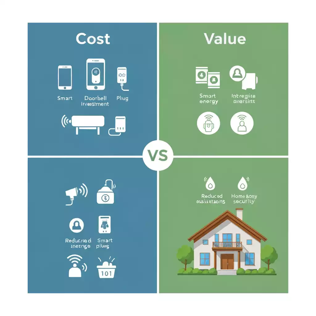 Infographic comparing cost vs. value in smart home technology, highlighting energy efficiency and security features.