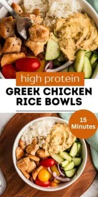 Close up of Greek chicken and rice bowls with hummus and veggies in white bowl.