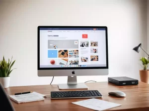 Modern workspace with computer displaying a website interface, featuring keyboard, mouse, plant, and desk lamp.