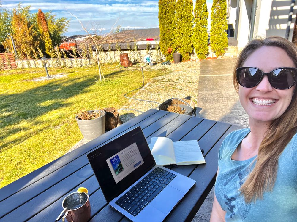 working from a laptop outside