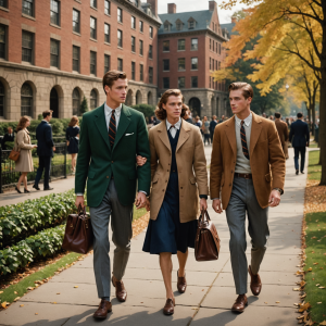 Three stylish people walk on a tree-lined campus path, wearing vintage fashion with blazers and holding leather bags.