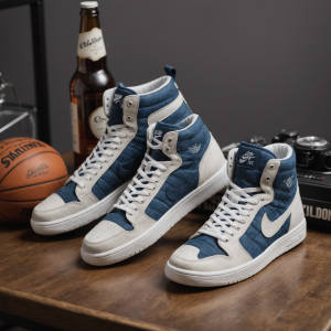 Blue and white high-top sneakers on wooden table with vintage camera, basketball, and beer bottles in the background.