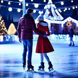 A couple ice skating at a festive rink lit with string lights and trees, wearing winter coats and beanies, sharing a joyful m