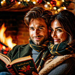 couple by a fireplace