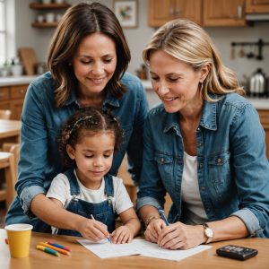 Two women and a child joyfully engage in drawing together at a kitchen table, surrounded by colorful pencils.