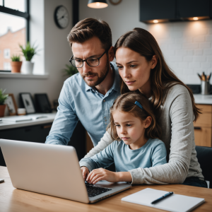 Family using a laptop together at a kitchen table, focused and engaged in learning or work in a modern home environment.