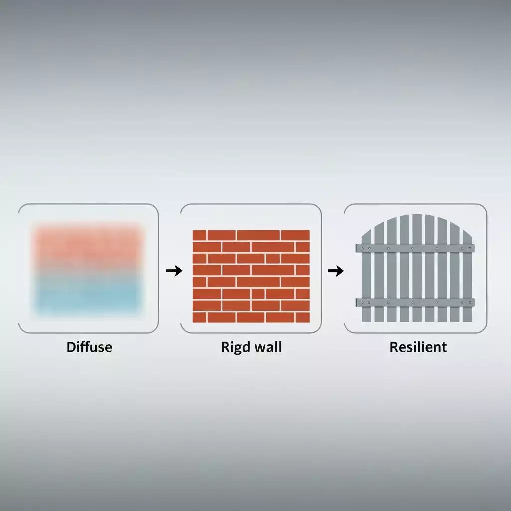 Diagram illustrating diffusion, rigidity, and resilience with blurred colors, brick wall, and gated fence, respectively.