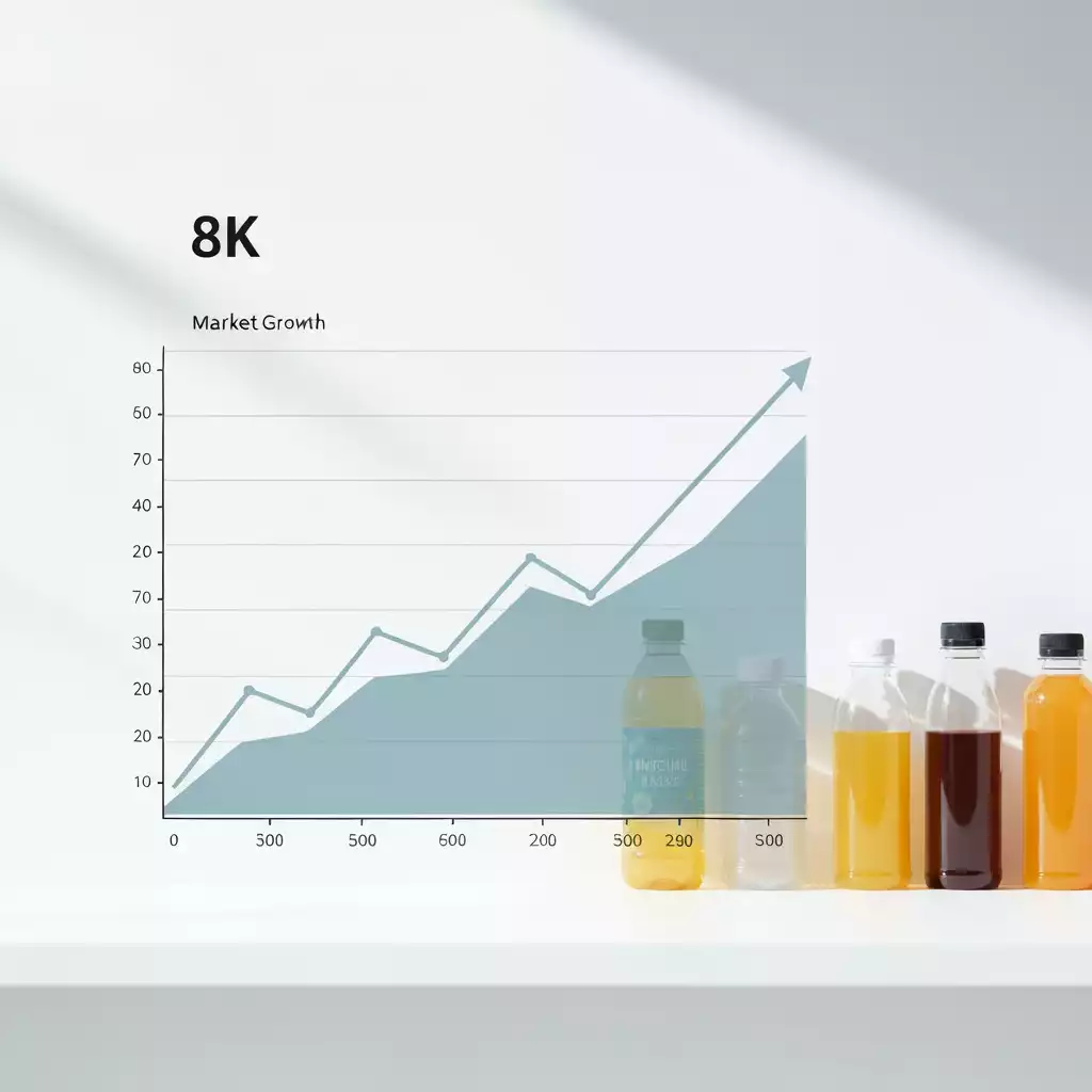 Graph showing market growth with upward trend beside assorted beverage bottles on a white shelf.
