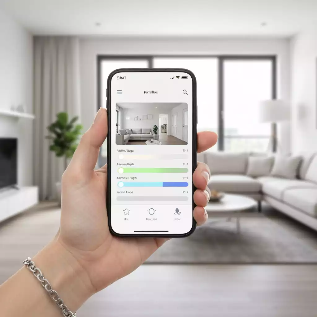 Hand holding smartphone with smart home app interface over blurred modern living room background.