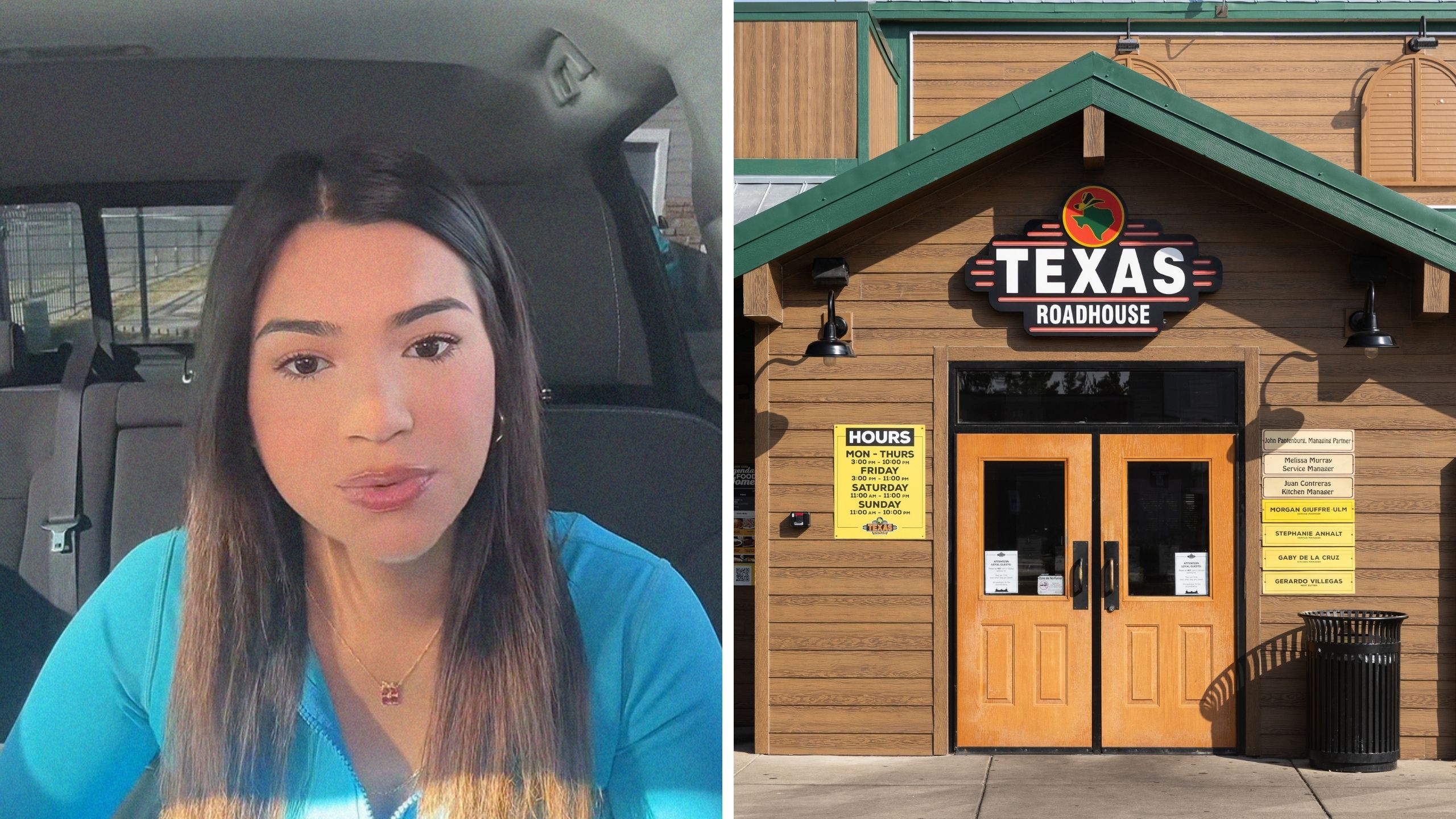 woman shares why she got fired (l) texas roadhouse entrance (r)