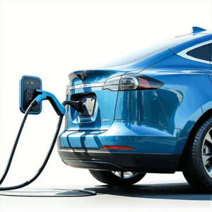 Electric car charging at a station, displaying blue vehicle with a plugged-in charger against a white background.