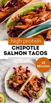 Chipotle salmon tacos on a white plate.