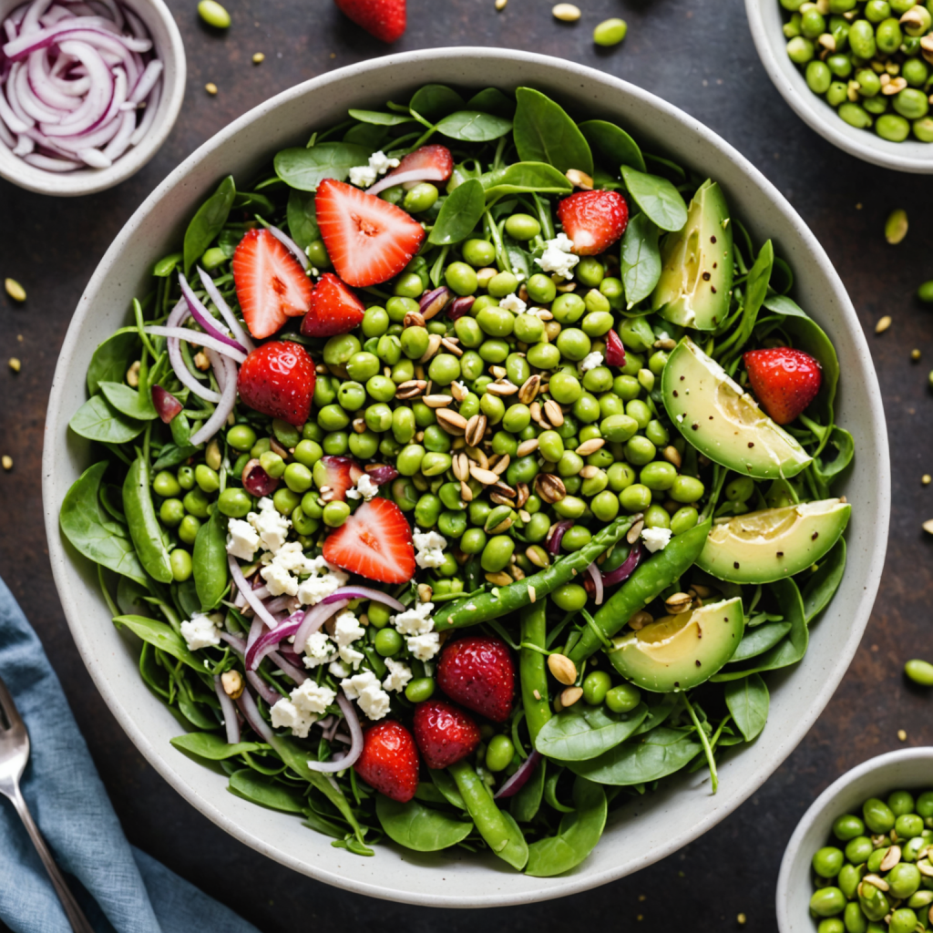 Fresh pea salad with spinach, strawberries, avocado, and feta in a bowl, garnished with seeds and red onion.