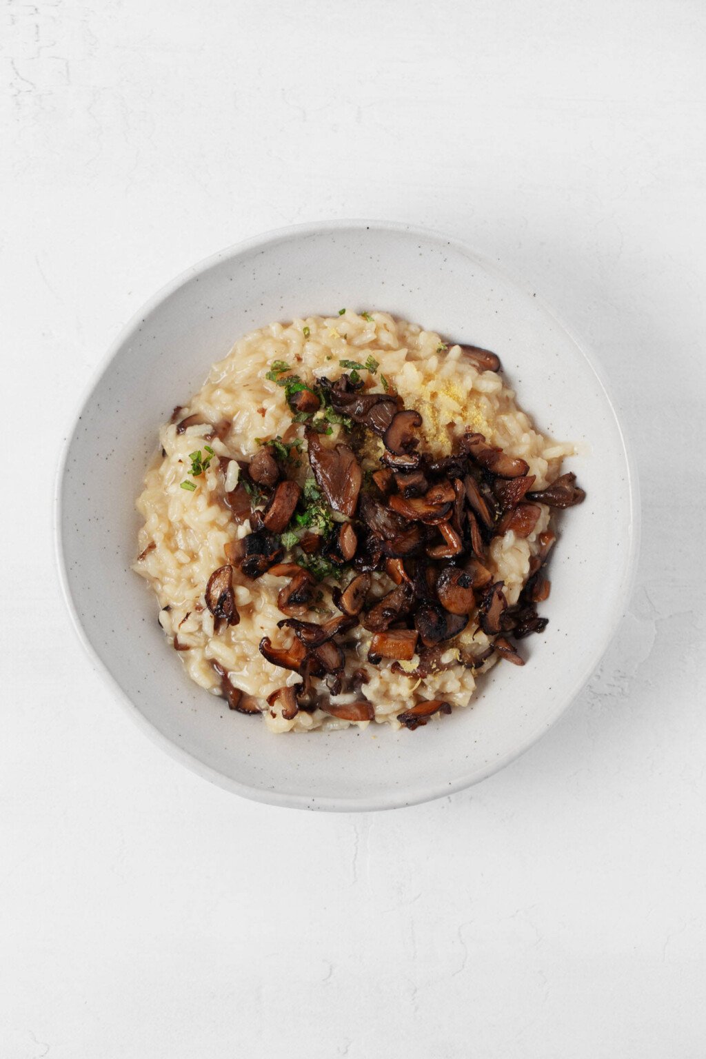 A dish of vegan risotto with mixed mushrooms is served in a shallow, round white bowl. It rests on a white surface.