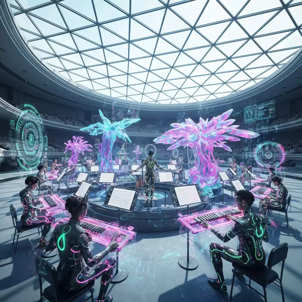 Futuristic orchestra playing in a high-tech dome with holographic elements and digital instruments.