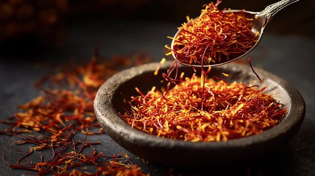 Close up of saffron threads falling gently from spoon into rustic stone  bowl with scattered strands on dark background showing organic luxury spice  seasoning for gourmet cooking and natural ingredient