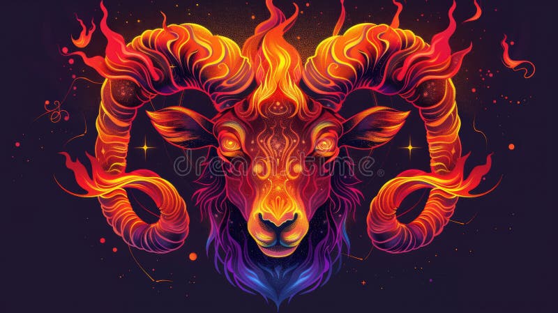 Bold Aries Zodiac Illustration with Fiery Ram and Cosmic Elements ...