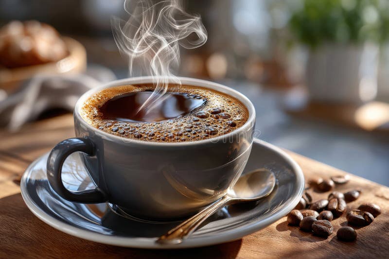 Steaming Cup of Black Coffee with Beans on Wooden Table Stock ...